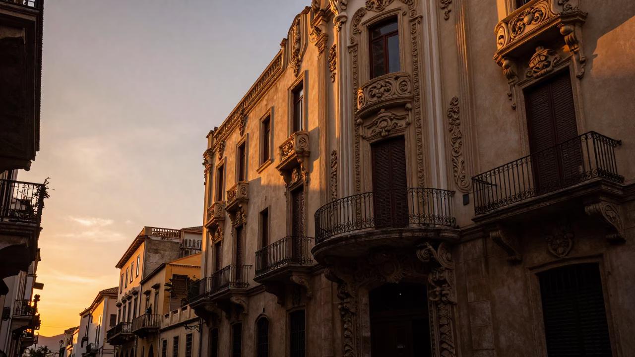 Sunset street scene in Palermo Italy with art deco hotel facade and bread board in in Palermo, Italy