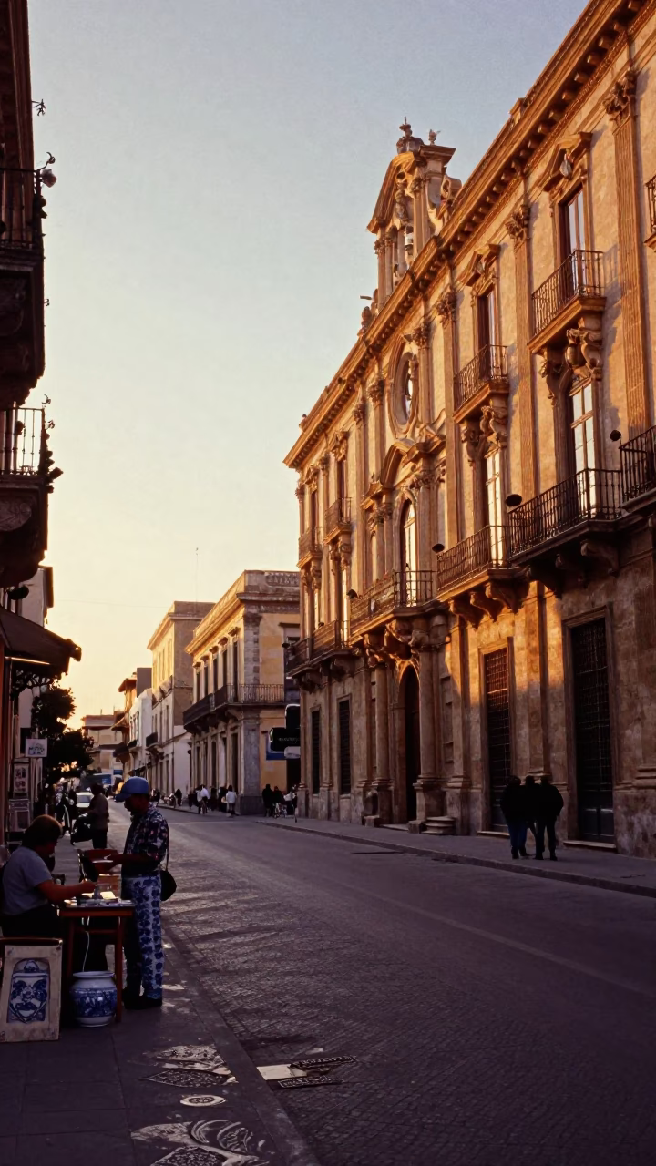 Sunset Street Scene in Palermo Italy with Blue and White Porcelain Jar in in Palermo, Italy