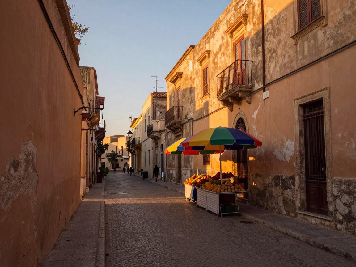 Sunset Street Scene in Palermo Italy with Colorful Umbrellas and Traditional Architecture in in Palermo, Italy