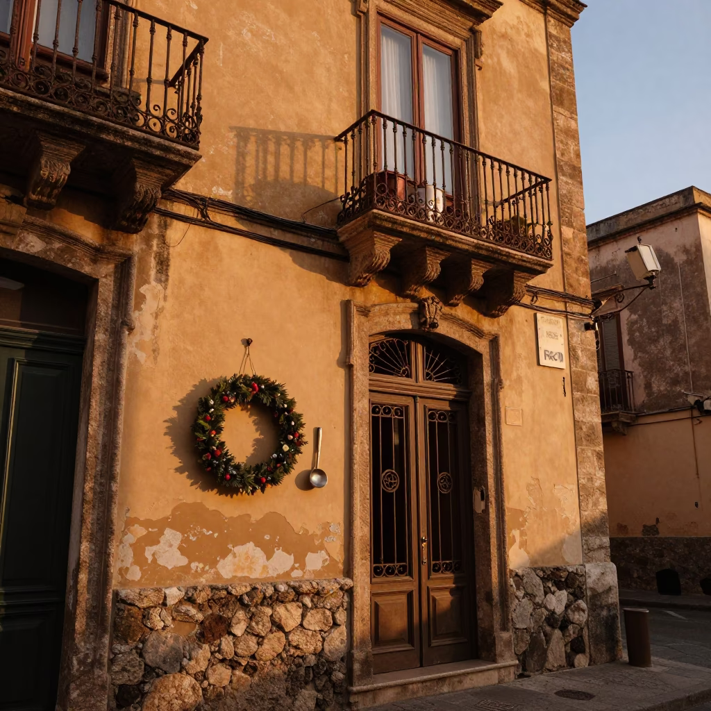 Sunset street scene in Palermo Italy with door wreaths and ladle on balcony in in Palermo, Italy