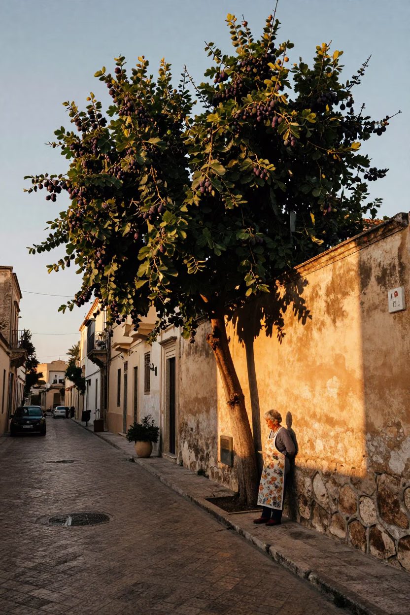 Sunset Street Scene in Palermo Italy with Fig Tree and Local Life in in Palermo, Italy