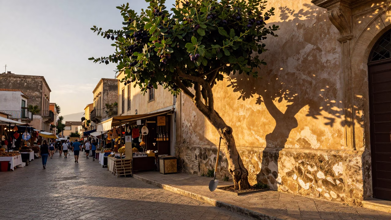 Sunset Street Scene in Palermo Italy with Fig Tree and Trowel in in Palermo, Italy