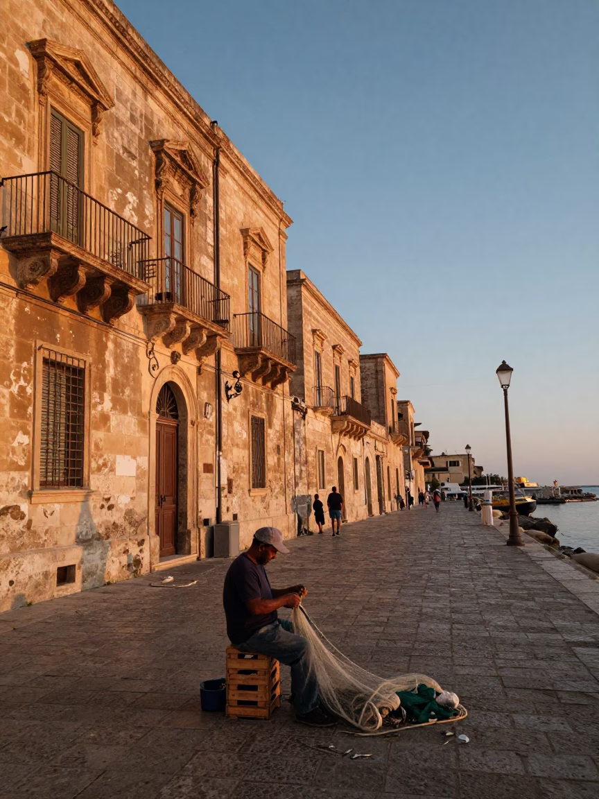 Sunset Street Scene in Palermo Italy with Fisherman Mending Nets on Wharf in in Palermo, Italy