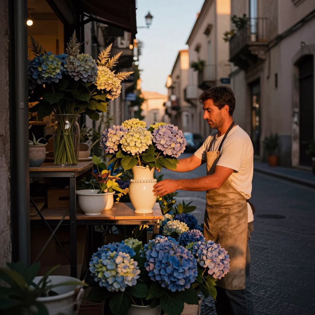 Sunset Street Scene in Palermo Italy with Florist and Hydrangeas in in Palermo, Italy