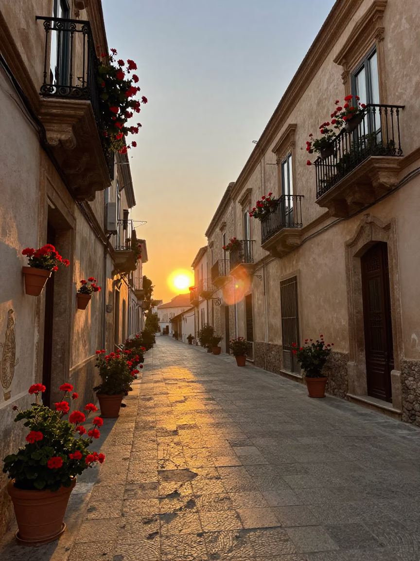 Sunset Street Scene in Palermo Italy with Geraniums and Traditional Architecture in in Palermo, Italy