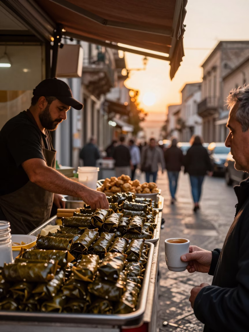 Sunset Street Scene in Palermo Italy with Grape Leaf Dolma and Ceramic Mug in in Palermo, Italy