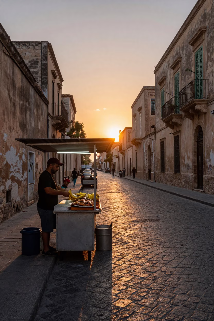 Sunset Street Scene in Palermo Italy with Grilled Fish and Banana Leaf in in Palermo, Italy