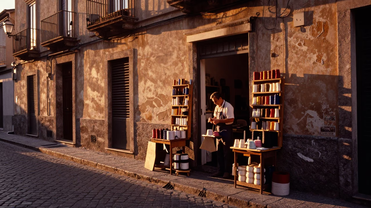 Sunset street scene in Palermo Italy with local artisan and vintage details in in Palermo, Italy