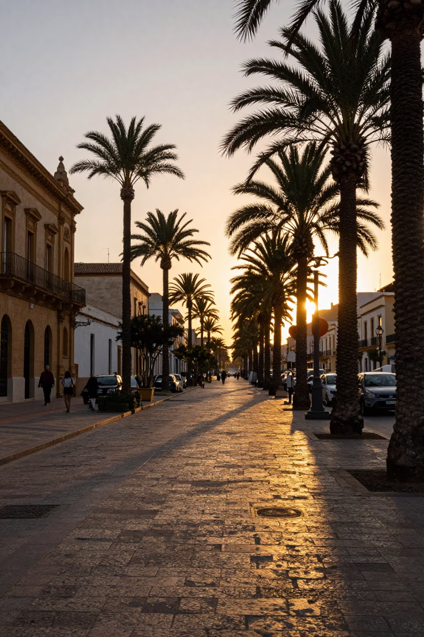 Sunset Street Scene in Palermo Italy with Palm Tree Avenue and Straw Hat in in Palermo, Italy