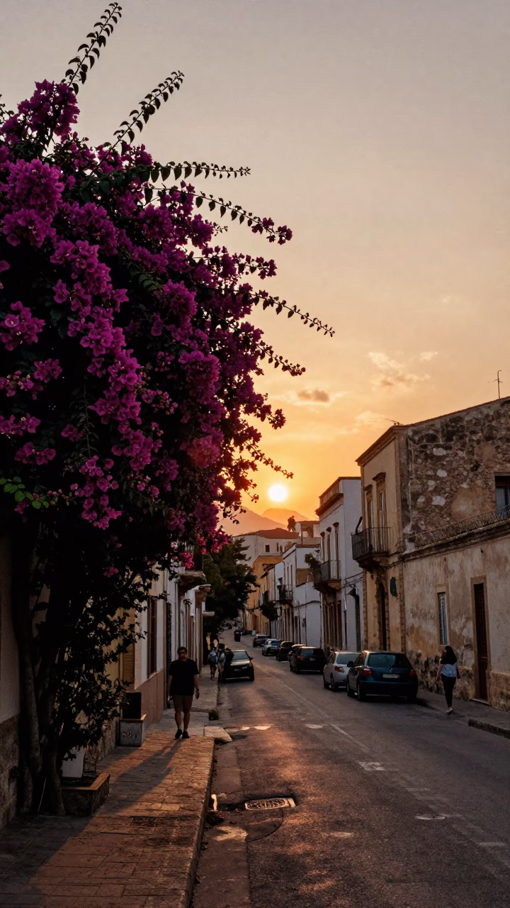Sunset Street Scene in Palermo Italy with Plumbago Hedge and Local Market Activity in in Palermo, Italy