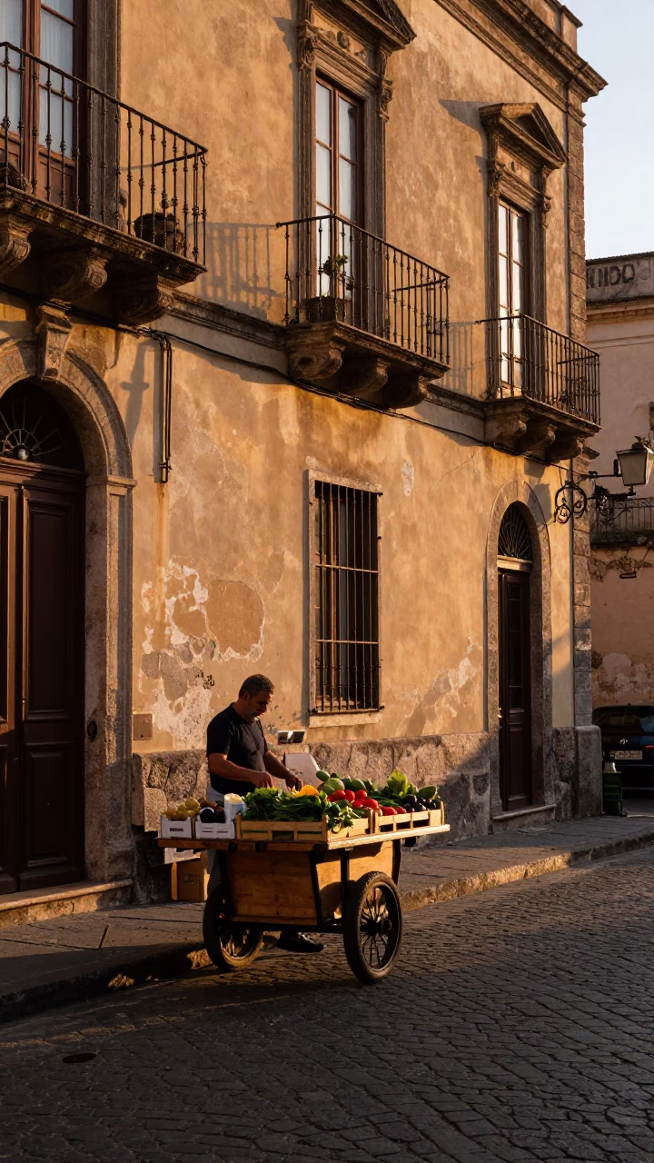 Sunset Street Scene in Palermo Italy with Rolling Carts and Local Life in in Palermo, Italy
