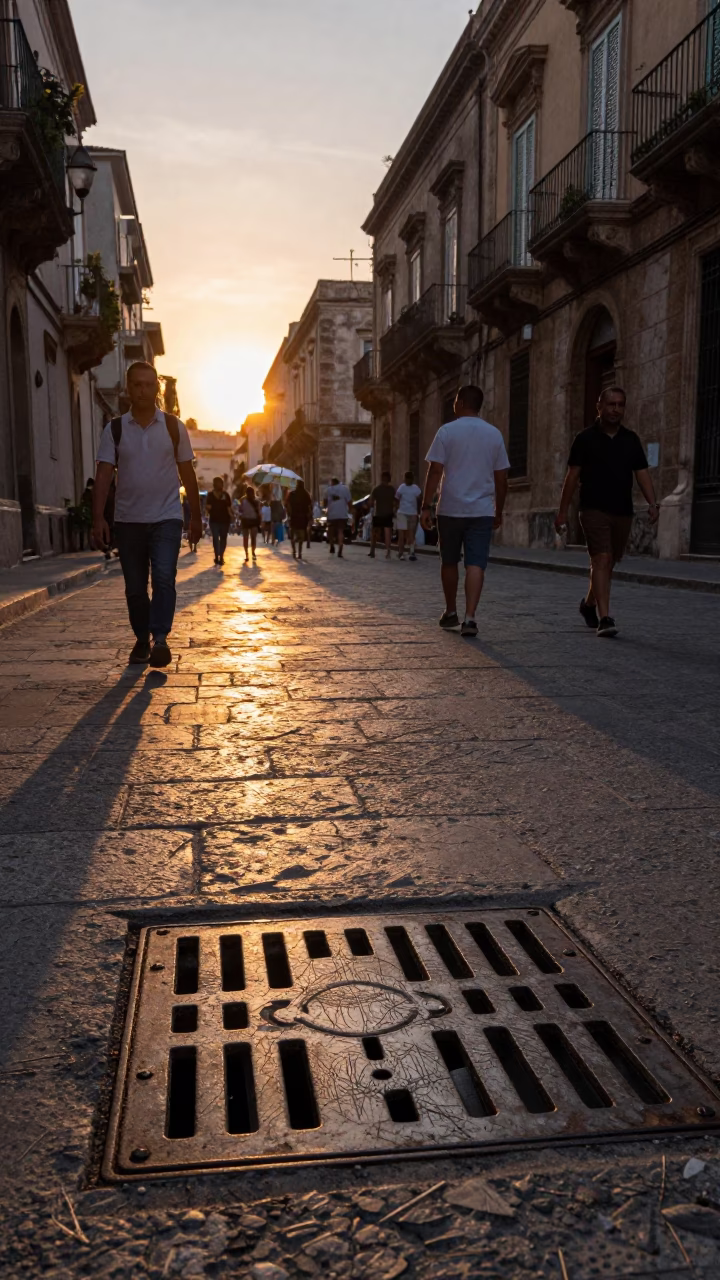Sunset Street Scene in Palermo Italy with Scratch Marks and Local Life in in Palermo, Italy