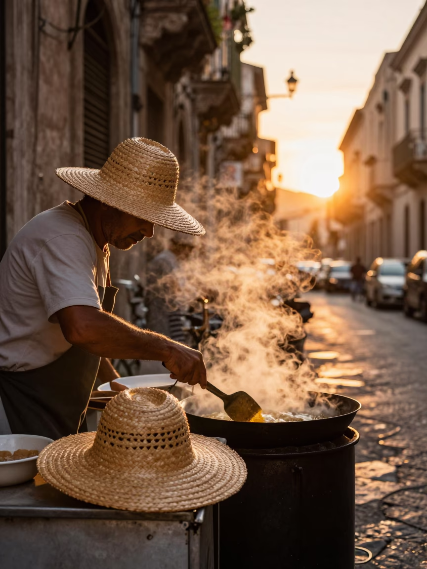 Sunset Street Scene in Palermo Italy with Straw Hat and Spatula in in Palermo, Italy