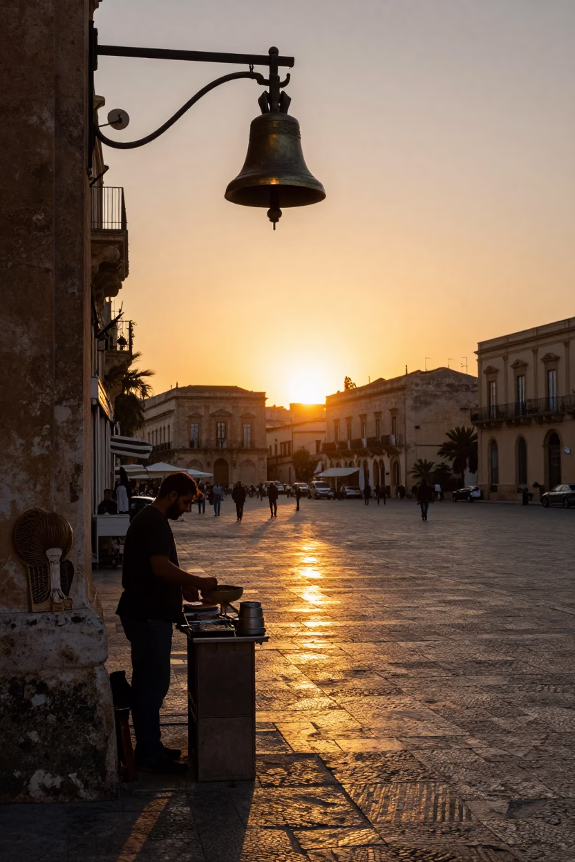 Sunset Street Scene in Palermo Italy with Sun Stripe and Local Vendor in in Palermo, Italy