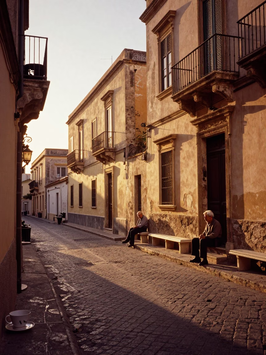 Sunset Street Scene in Palermo Italy with Teacups and Local Architecture in in Palermo, Italy