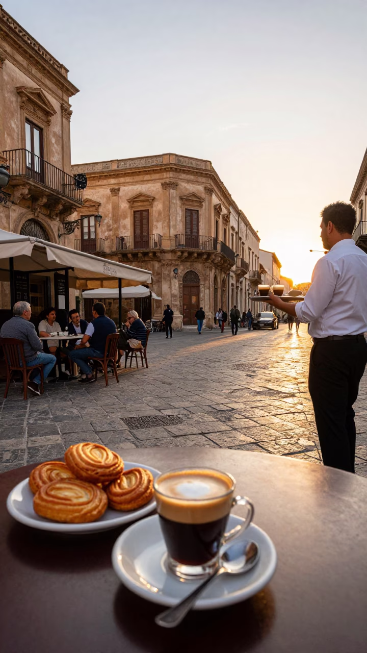 Sunset Street Scene in Palermo Italy with Traditional Espresso and Local Street Food in in Palermo, Italy