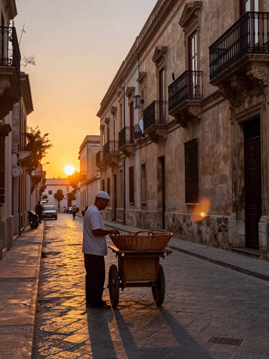 Sunset street scene in Palermo Italy with traditional wicker basket and historic architecture in in Palermo, Italy