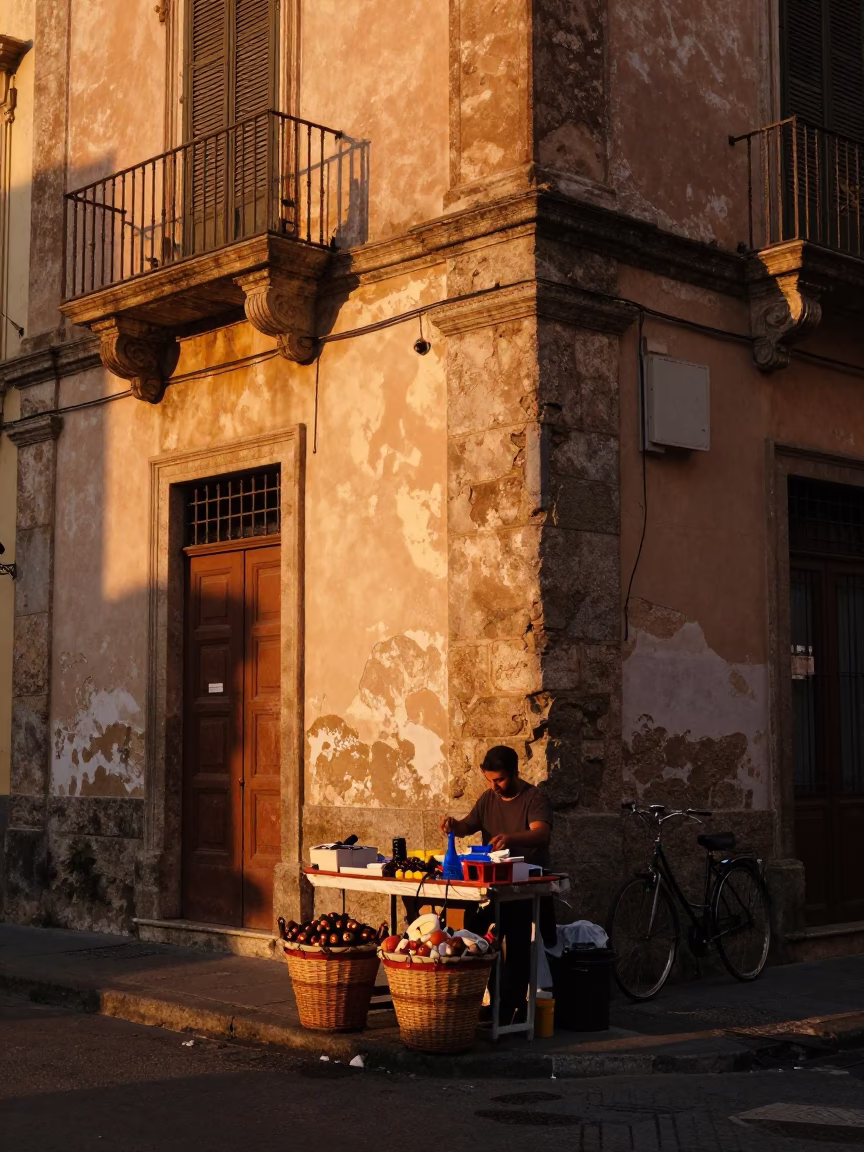 Sunset street scene in Palermo Italy with vendor basket and evening traffic in in Palermo, Italy