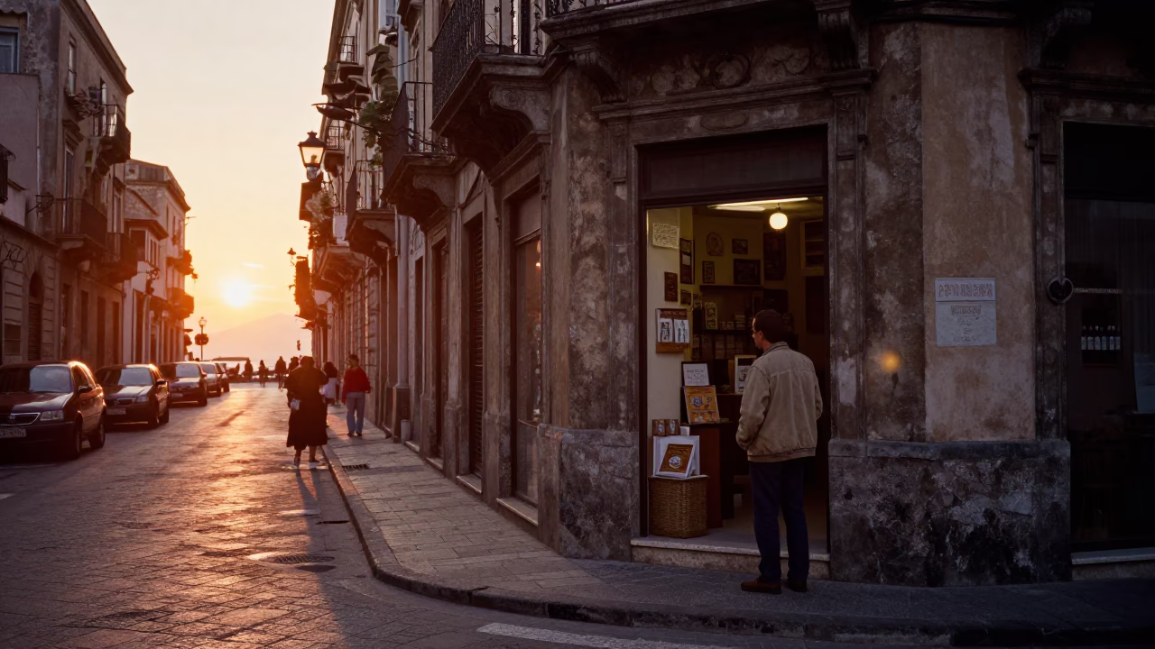 Sunset Street Scene in Palermo Italy with Vintage 1980s Atmosphere in in Palermo, Italy