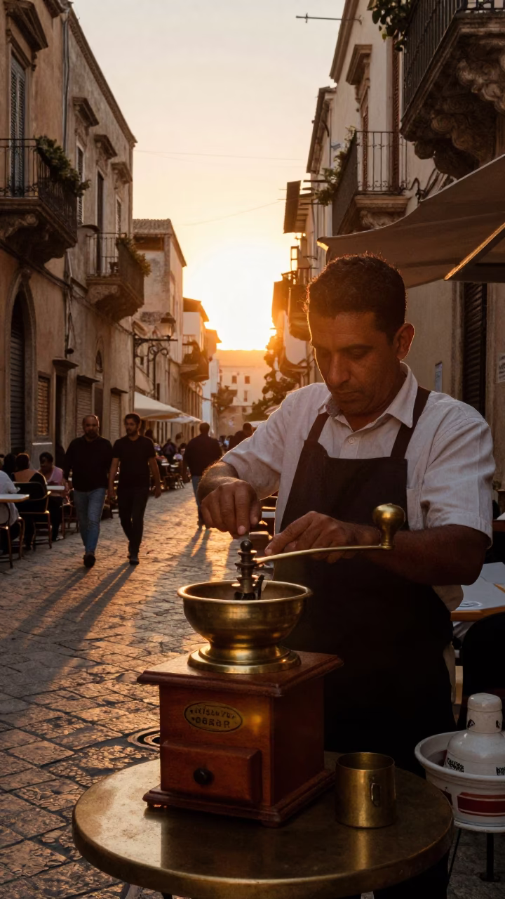 Sunset Street Scene in Palermo Italy with Vintage Coffee Grinder and Lantern Light in in Palermo, Italy