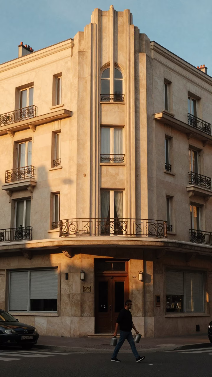 Sunset Street Scene in Paris France with Art Deco Hotel Facade and Pitcher in in Paris, France