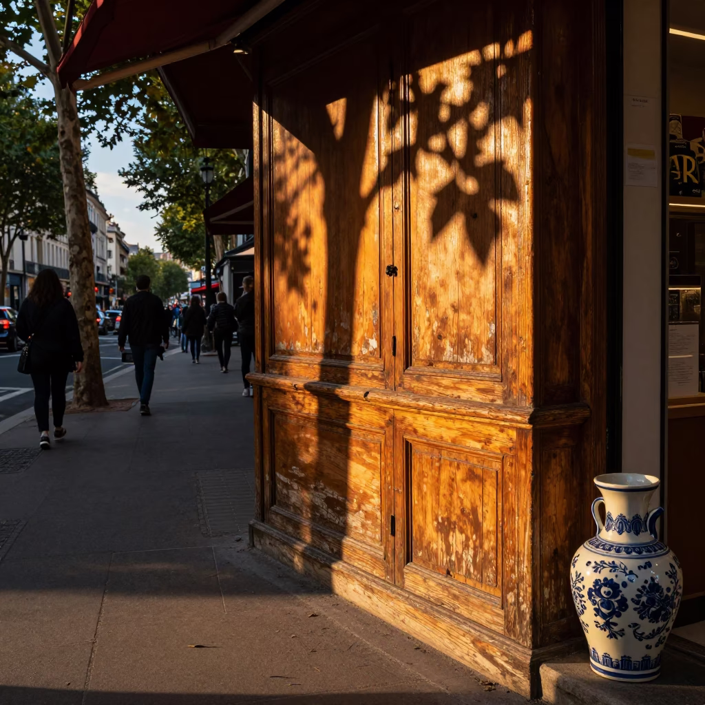 Sunset Street Scene in Paris France with Leaf Shadows and Ceramic Cup in in Paris, France