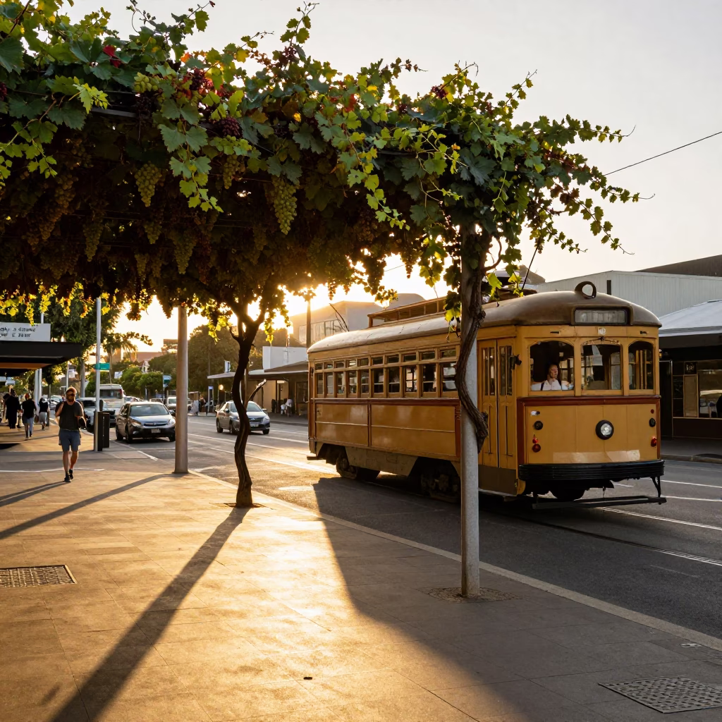 Sunset Street Scene in Perth Western Australia with Grapevines and Tramcar in in Perth, Western Australia, Australia