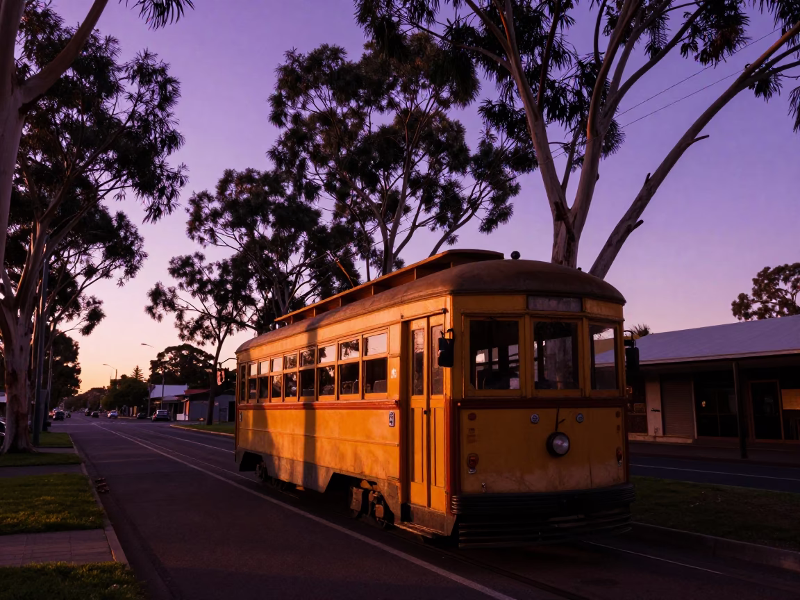 Sunset street scene in Perth Western Australia with old trolley on tree-lined avenue in in Perth, Western Australia, Australia