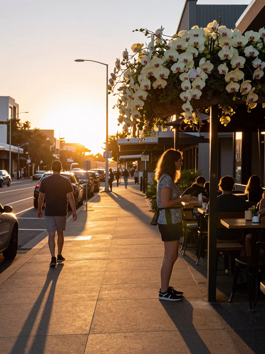 Sunset Street Scene in Perth Western Australia with Vanilla Orchid and Clear Glass Stool in in Perth, Western Australia, Australia