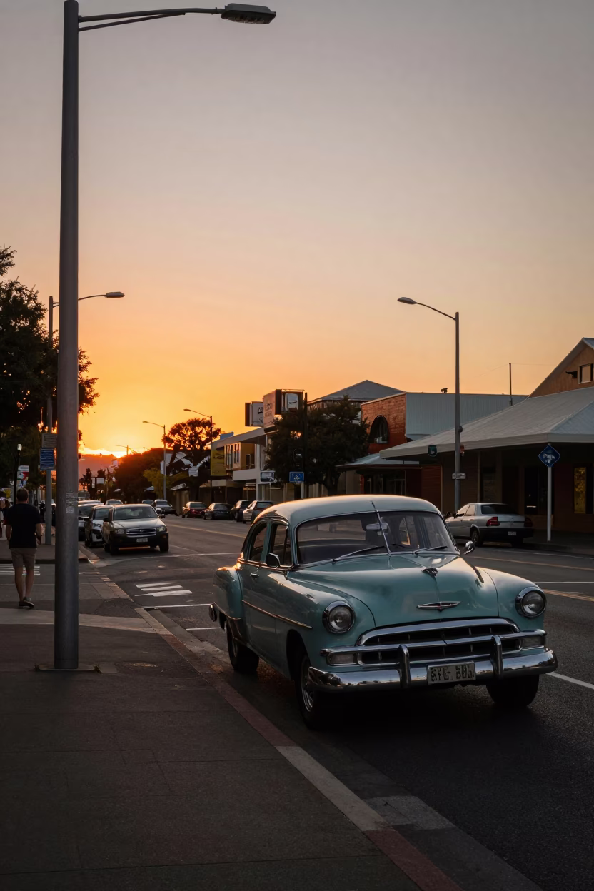 Sunset Street Scene in Perth Western Australia with Vintage 1950s Aesthetic and Urban Details in in Perth, Western Australia, Australia