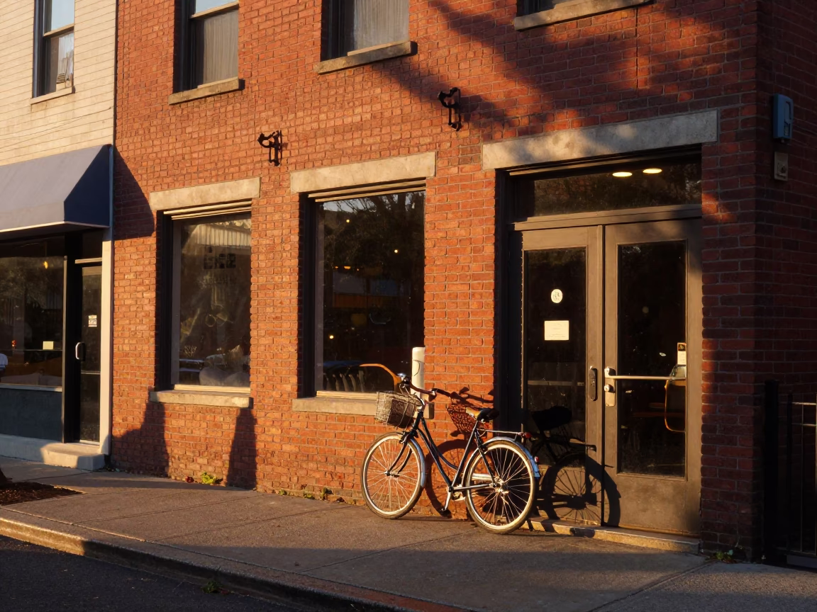Sunset street scene in Philadelphia Pennsylvania with bicycle leaning against brick cafe building in in Philadelphia, Pennsylvania, United States