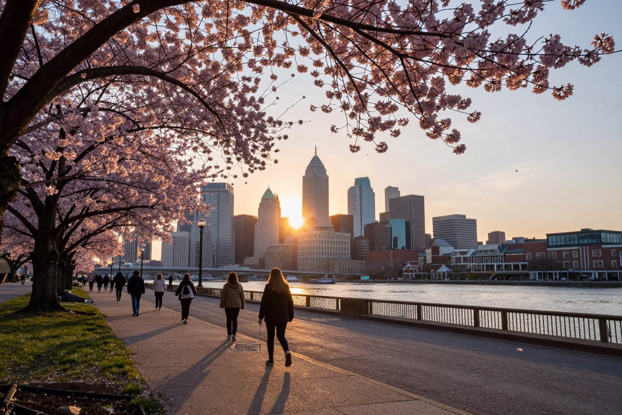 Sunset Street Scene in Philadelphia Pennsylvania with Cherry Blossoms and Urban Activity in in Philadelphia, Pennsylvania, United States