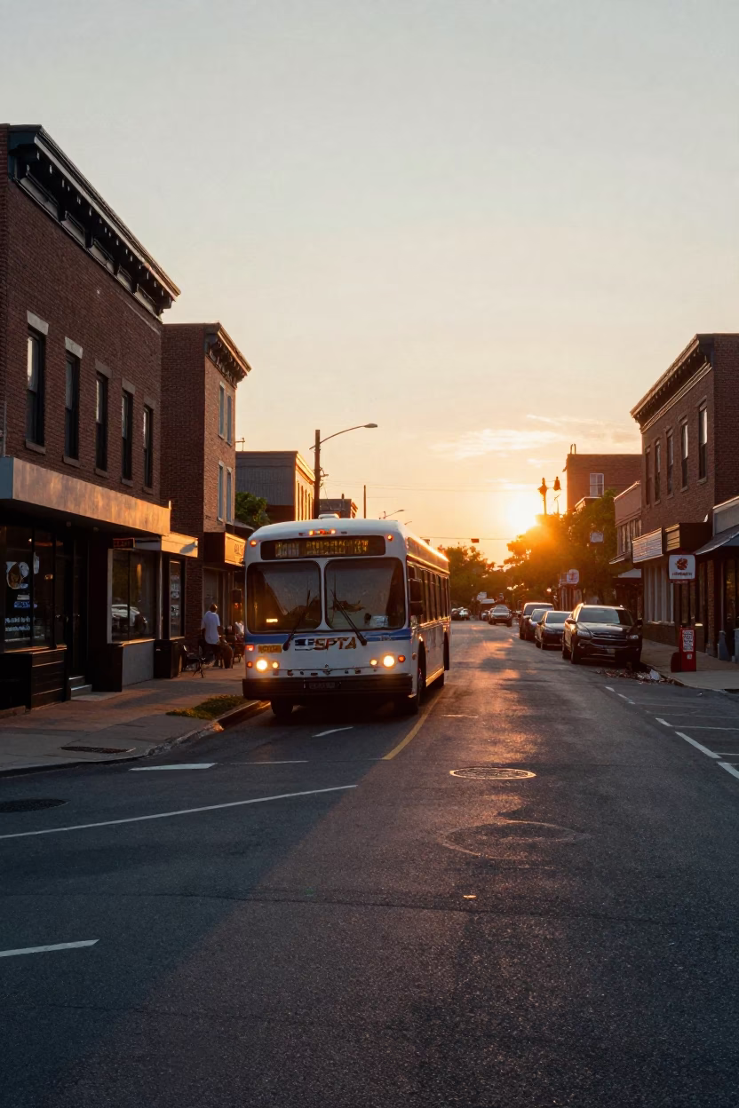 Sunset Street Scene in Philadelphia Pennsylvania with Classic Bus and Urban Details in in Philadelphia, Pennsylvania, United States
