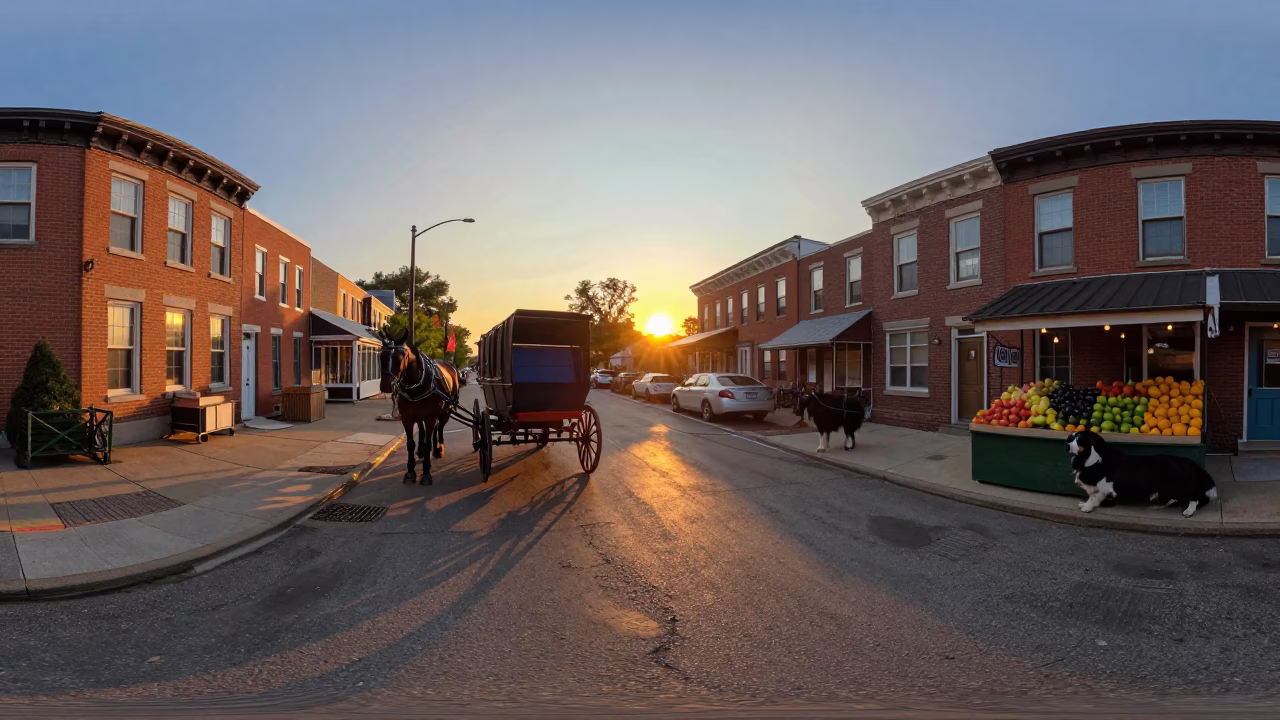 Sunset Street Scene in Philadelphia Pennsylvania with Horse Wagon and Bernese Mountain Dog in in Philadelphia, Pennsylvania, United States