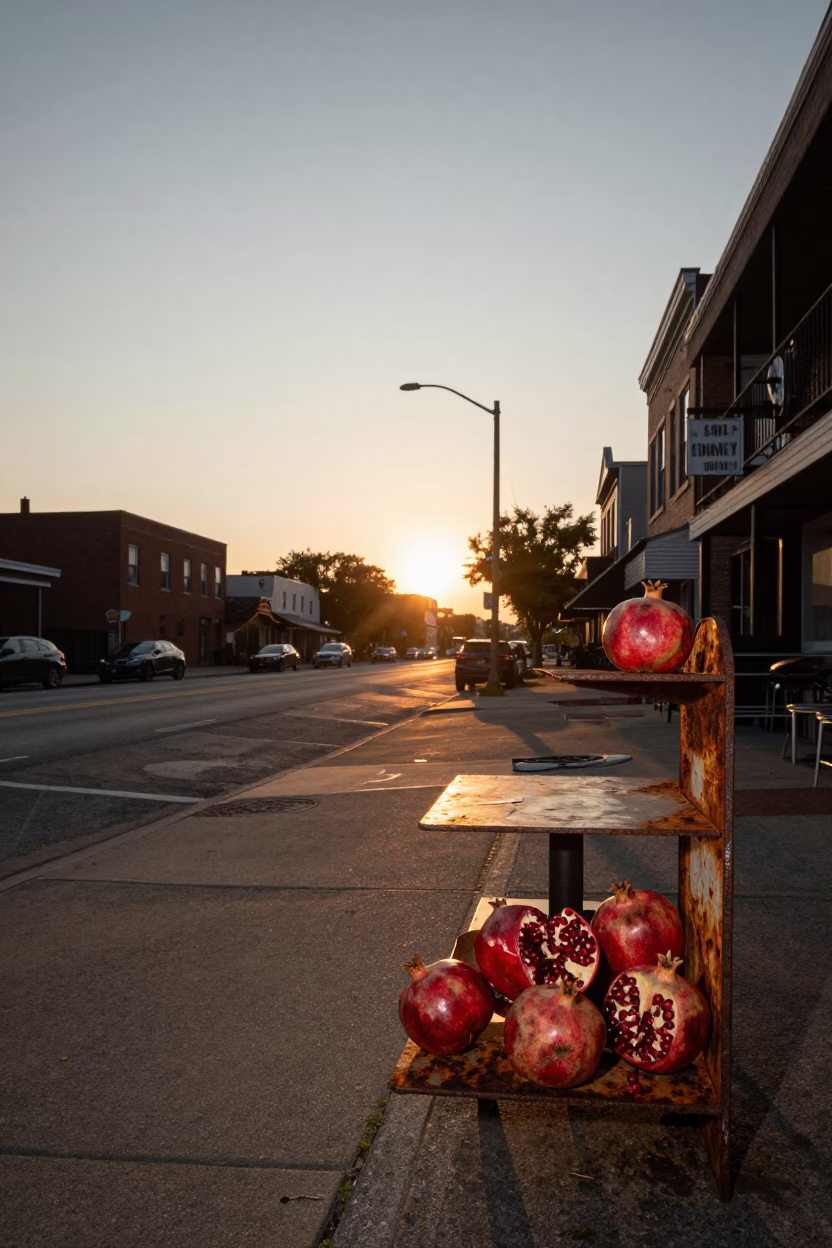 Sunset Street Scene in Philadelphia Pennsylvania with Pomegranate and Rusty Shelf in in Philadelphia, Pennsylvania, United States