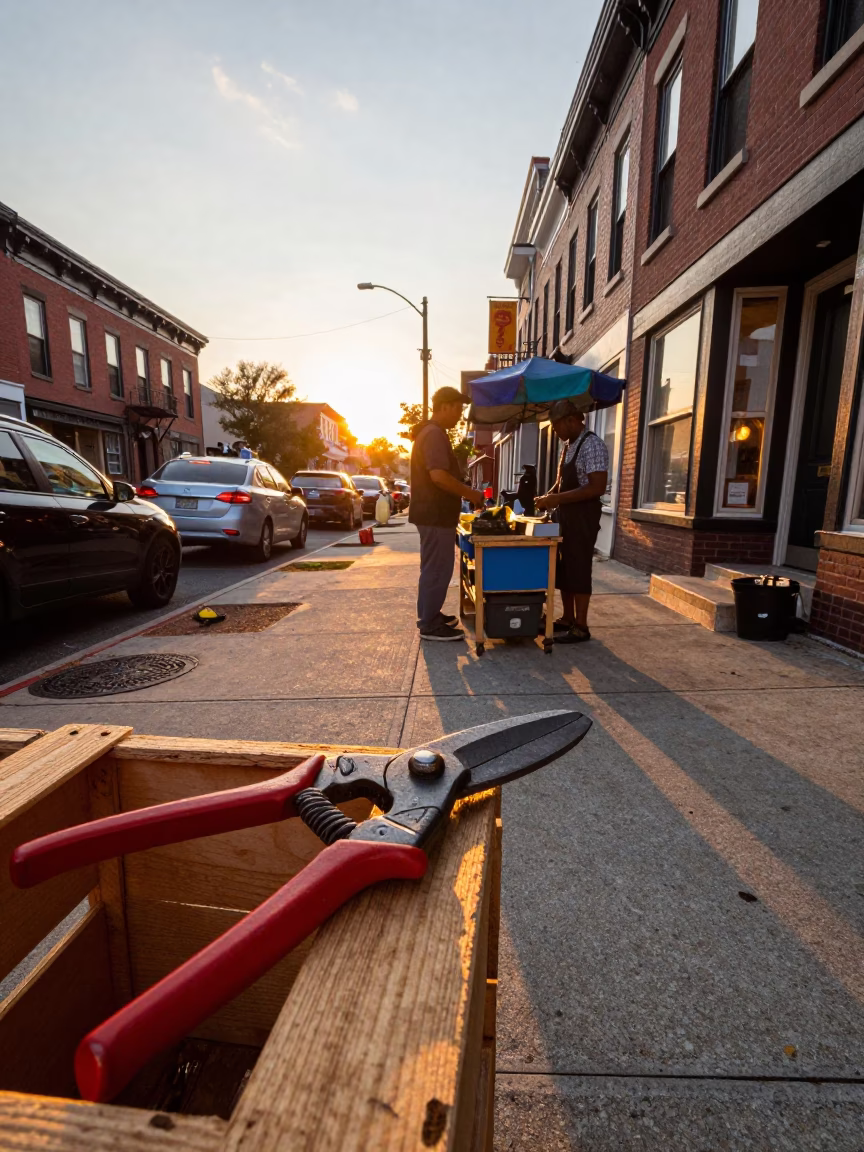 Sunset Street Scene in Philadelphia Pennsylvania with Pruning Shears and Local Interaction in in Philadelphia, Pennsylvania, United States