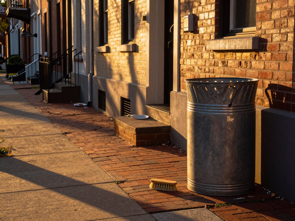 Sunset Street Scene in Philadelphia Pennsylvania with Shoe Brush and Saucer on Sidewalk in in Philadelphia, Pennsylvania, United States
