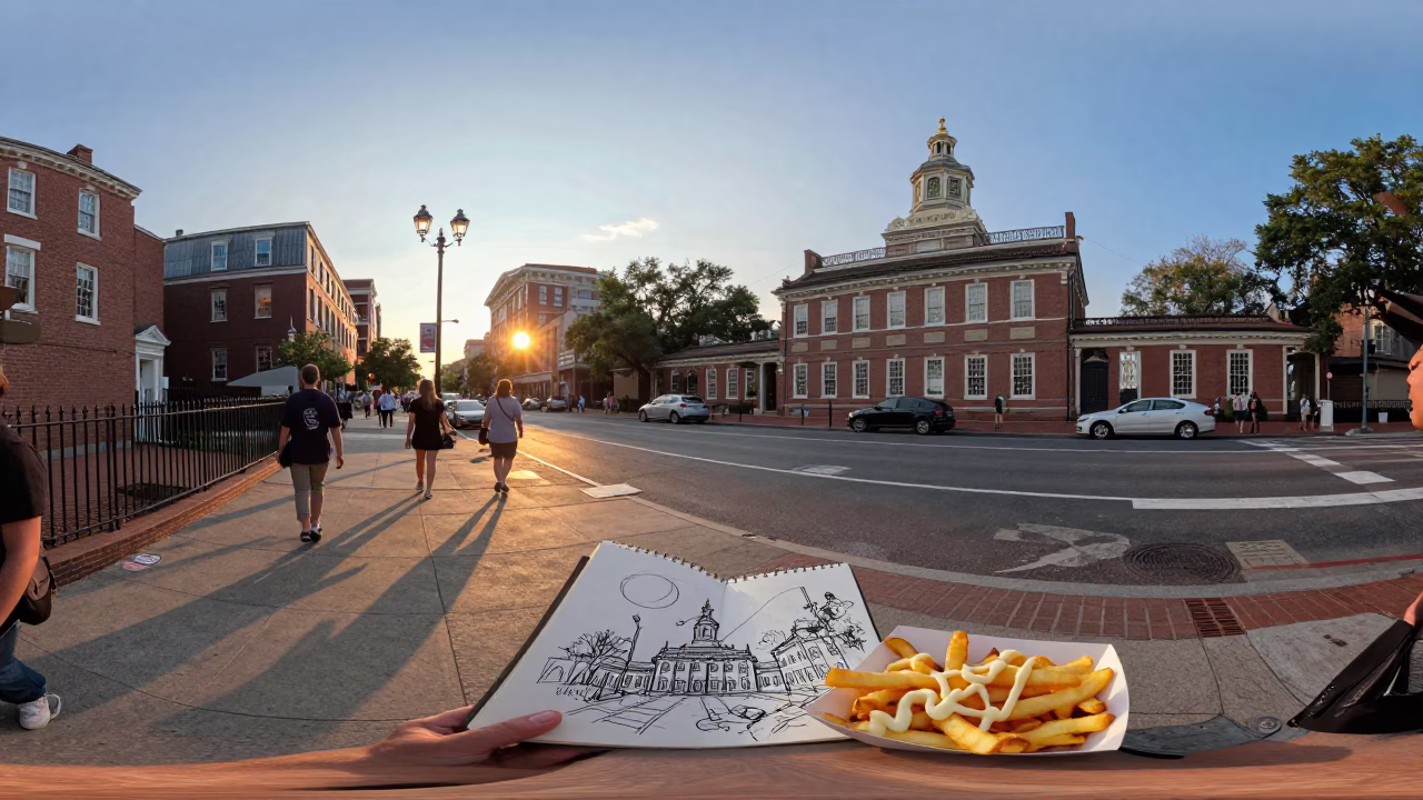 Sunset Street Scene in Philadelphia Pennsylvania with Sketchbook and Mayonnaise Frites in in Philadelphia, Pennsylvania, United States