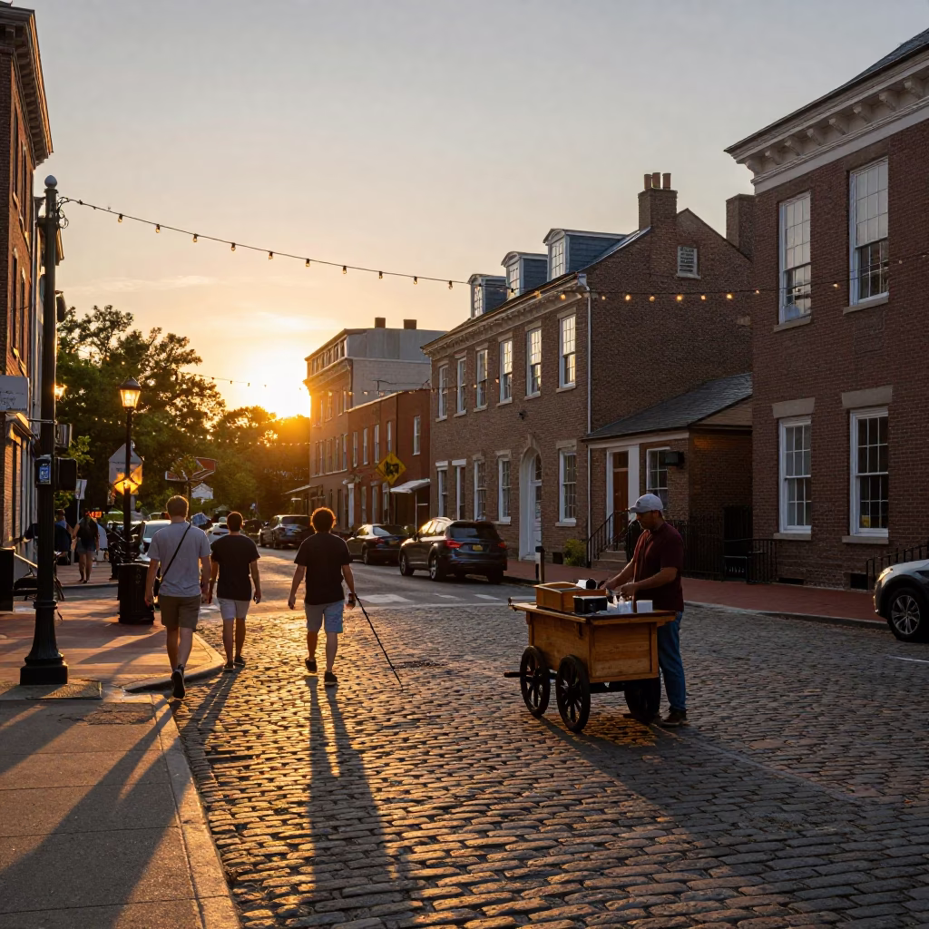 Sunset Street Scene in Philadelphia Pennsylvania with String Lights and Urban Life in in Philadelphia, Pennsylvania, United States