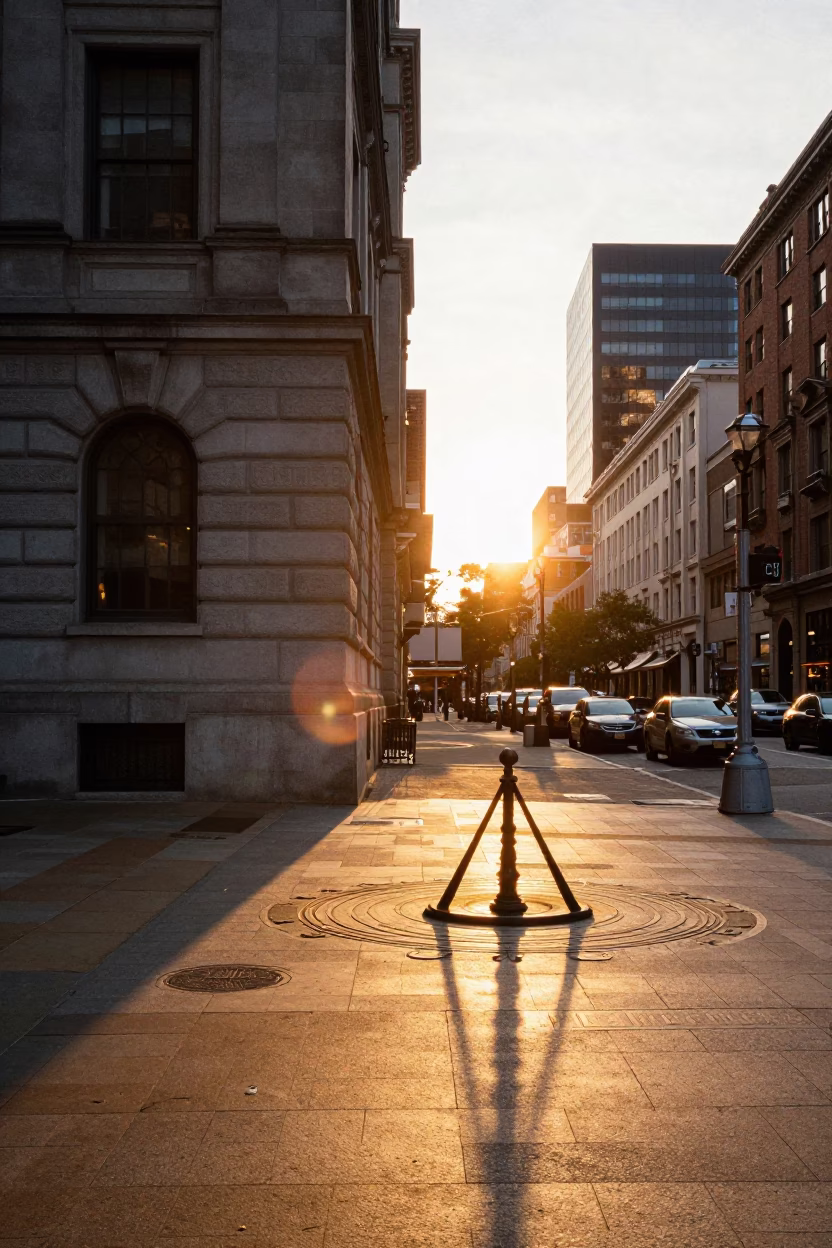 Sunset Street Scene in Philadelphia Pennsylvania with Sundial and Urban Architecture in in Philadelphia, Pennsylvania, United States