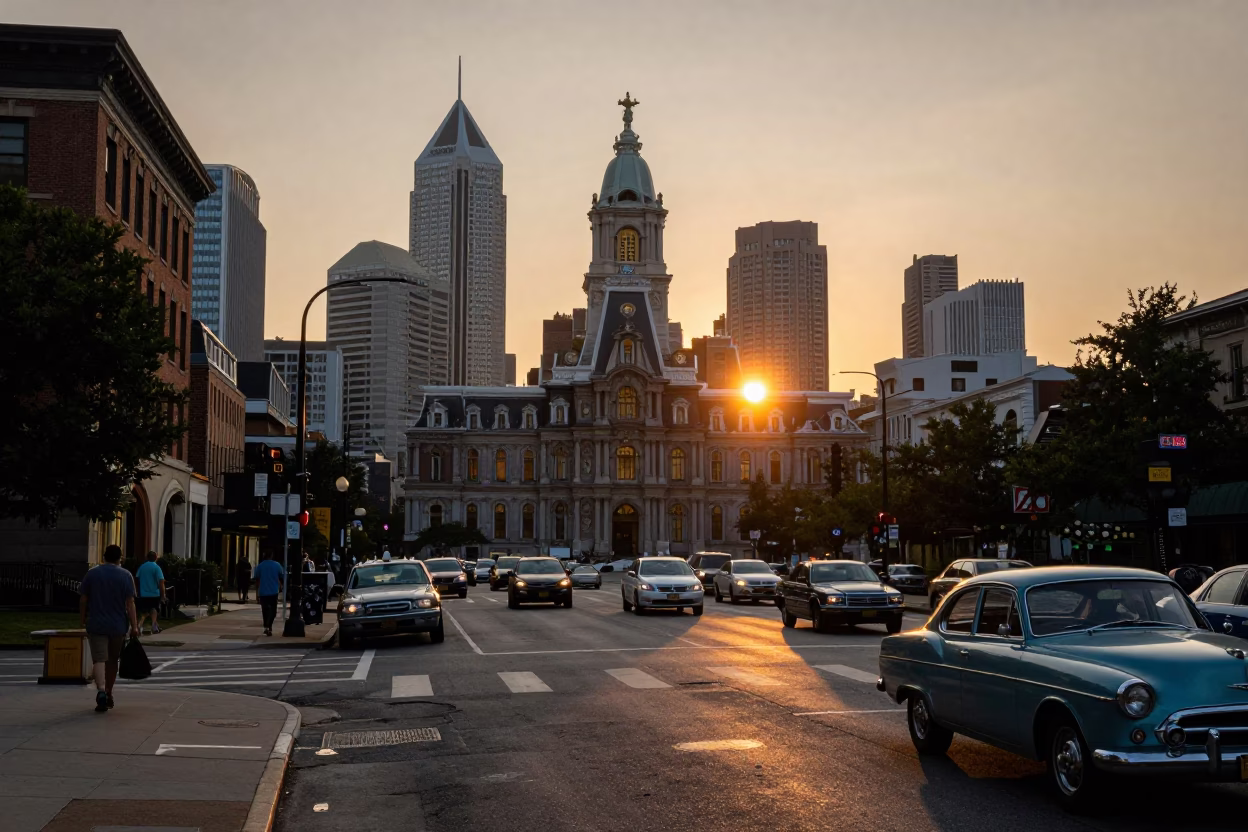 Sunset Street Scene in Philadelphia Pennsylvania with Vintage Cars and Busy Pedestrians in in Philadelphia, Pennsylvania, United States