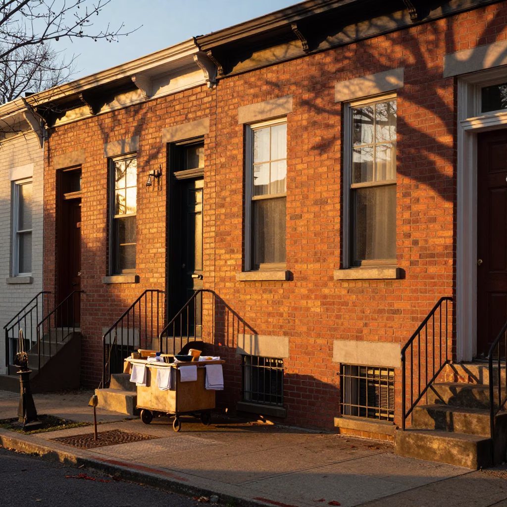 Sunset Street Scene in Philadelphia with Broom and Dish Towels in in Philadelphia, Pennsylvania, United States