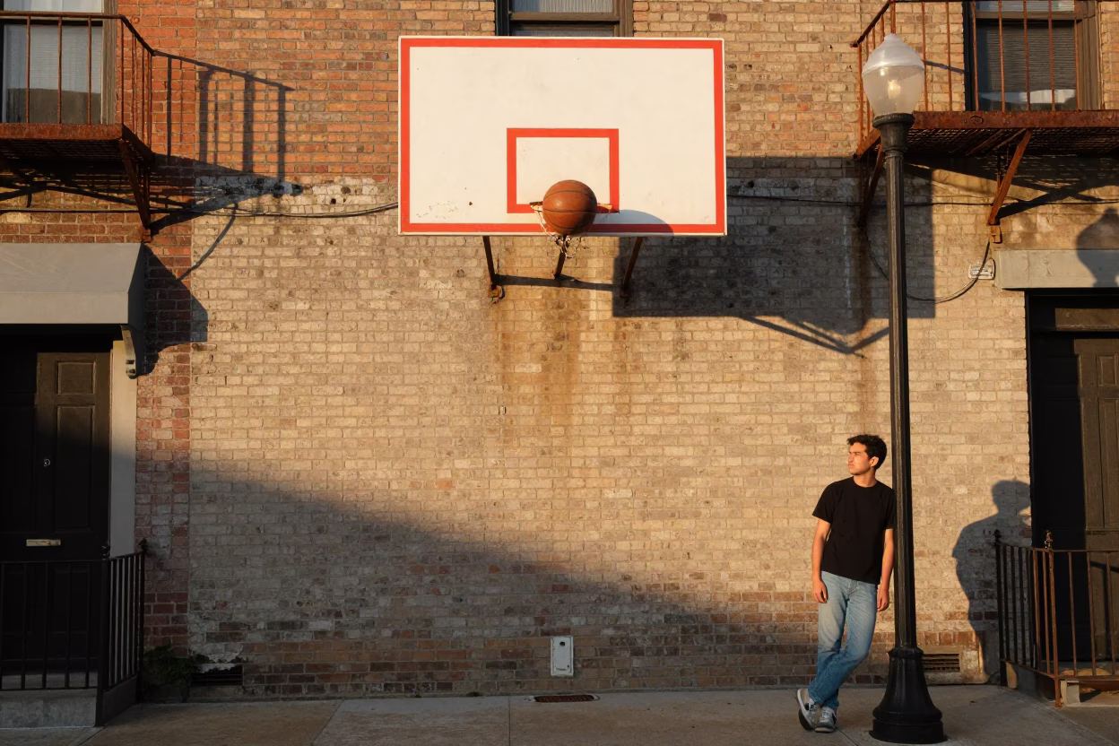 Sunset Street Scene in Philadelphia with Vintage Basketball and Urban Detail in in Philadelphia, Pennsylvania, United States