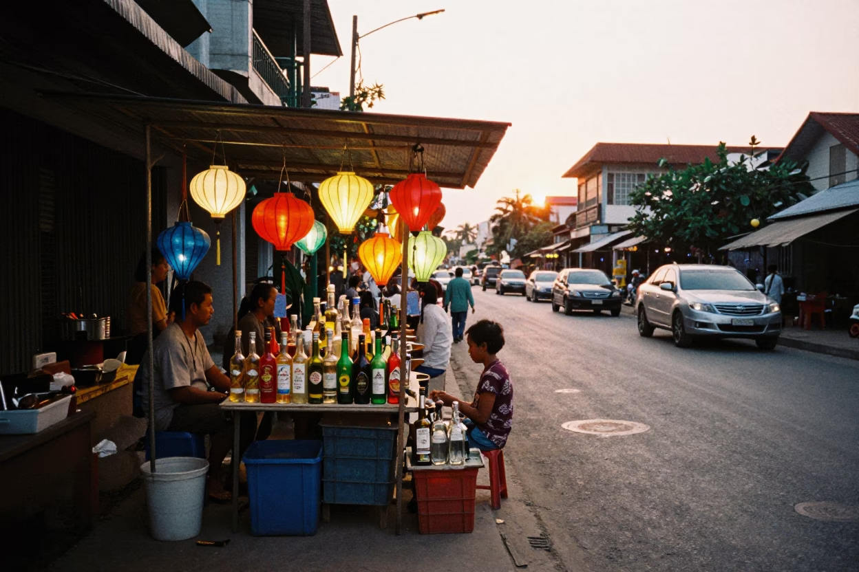 Sunset Street Scene in Phnom Penh Cambodia with Colorful Bottles and Lanterns in in Phnom Penh, Cambodia