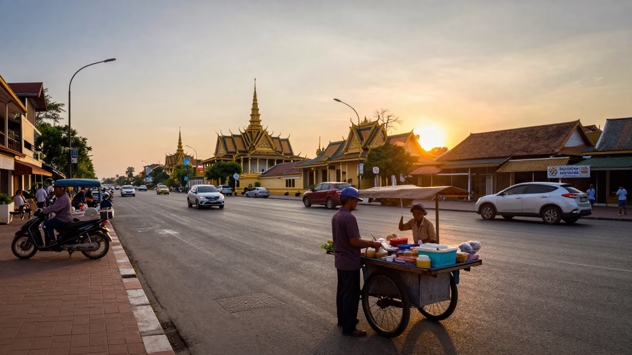 Sunset Street Scene in Phnom Penh Cambodia with Local Food Vendor in in Phnom Penh, Cambodia