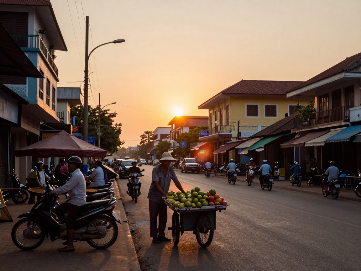 Sunset Street Scene in Phnom Penh Cambodia with Local Vendors and Motorbikes in in Phnom Penh, Cambodia