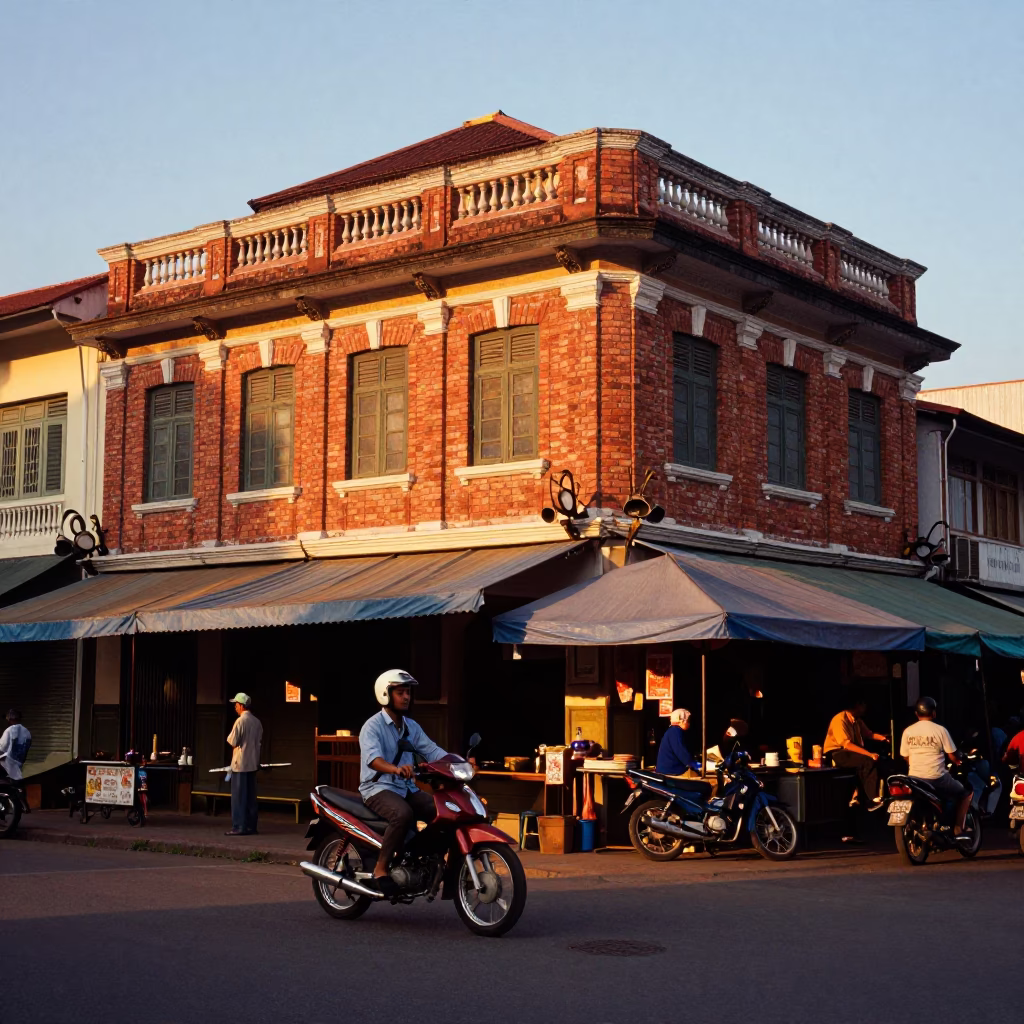 Sunset Street Scene in Phnom Penh Cambodia with Motorbike and Local Life in in Phnom Penh, Cambodia