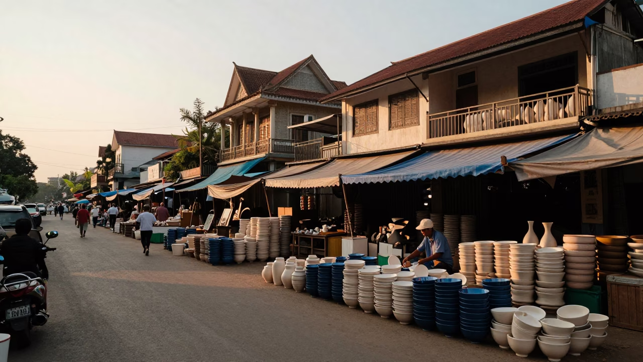 Sunset Street Scene in Phnom Penh Cambodia with Pottery Market Stacks and Local Vendors in in Phnom Penh, Cambodia