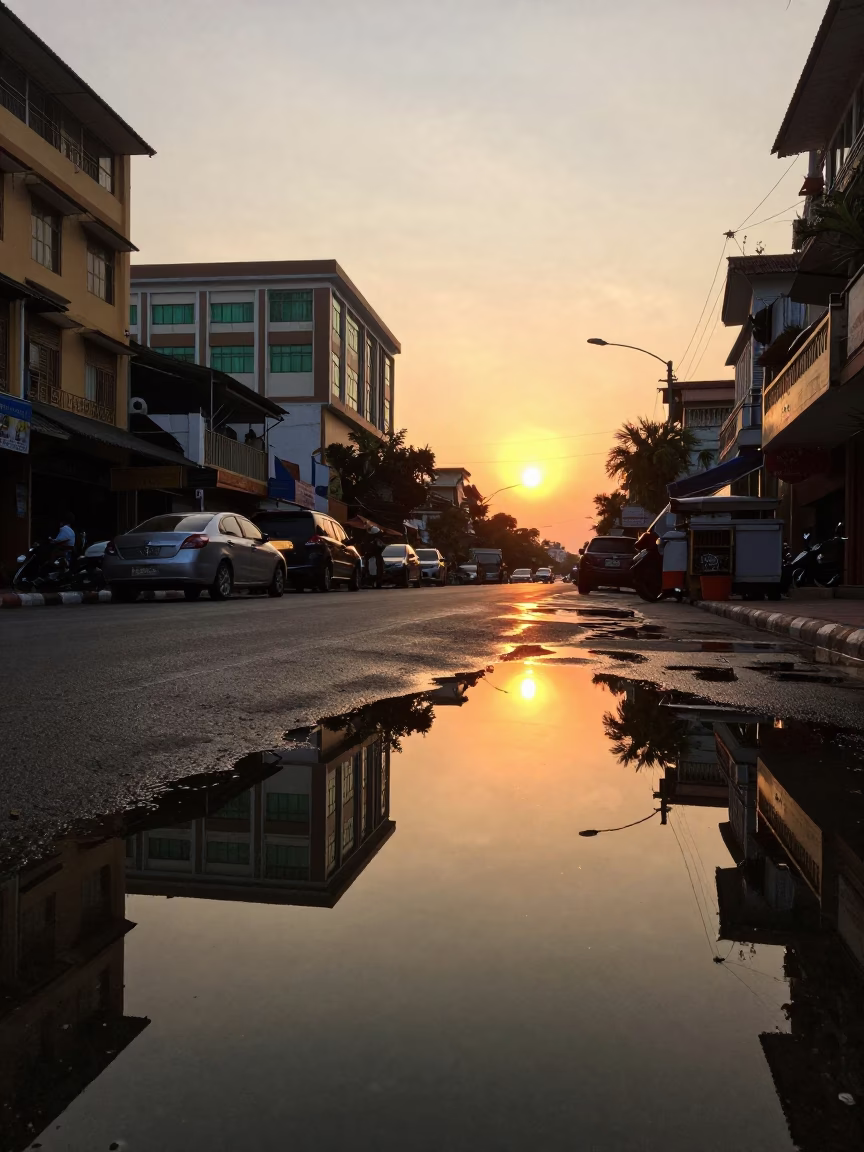 Sunset Street Scene in Phnom Penh Cambodia with Puddle Reflections and Local Activity in in Phnom Penh, Cambodia