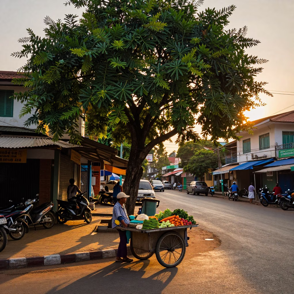 Sunset street scene in Phnom Penh Cambodia with tamarind tree and local life in in Phnom Penh, Cambodia
